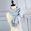 Elegant light blue solid color imitation cashmere scarf with fringe for winter season - Light Gray