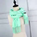 Soft mint green imitation cashmere scarf with elegant tassels for winter shawl. - Bean Green