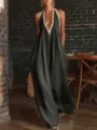 Detail of black lace-edged halter neck jumpsuit with loose-fit elegant silhouette - S / Jumpsuits / Black