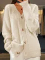 Detailed view of women's beige V-neck cable knit cardigan with button-down front - Apricot