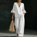Completo due pezzi da donna in cotone e lino bianco con scollo a V e pantaloni larghi - Taglia S / Top E Pantaloni / Bianco