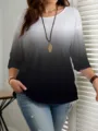 Dettaglio della t-shirt casual da donna sfumata con maniche a tre quarti e collana foglia - 1XL / Top / Nero