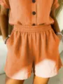 Detail of orange linen-cotton shorts with elastic waist and side pockets for women - Orange