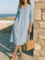Elegant light blue French lapel midi dress with wooden buttons for summer vacation look - S / Light Blue