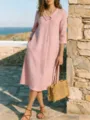 Elegant pink linen dress with French lapel collar for stylish summer vacation look - S / Pink