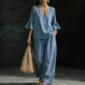 Elegante set due pezzi azzurro in cotone e lino per donna con pantaloni a gamba larga - Taglia S / Top E Pantaloni / Blu navy