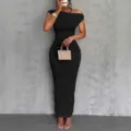 Elegante abito lungo nero monospalla con raffinata trama a onde d'acqua per donna - Taglia S / Vestiti / Nero