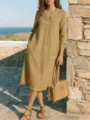 Elegant French lapel solid color midi dress for women, perfect for summer vacation - S / Khaki