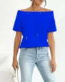 Blue off-shoulder short sleeve boat neck top with drawstring detail and loose fit. - 3XL / Tops / Blue Short Sleeve