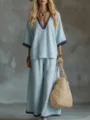 Set estivo relax da donna con top azzurro con scollo a V e pantaloni a gamba larga abbinati - Taglia S / Top E Pantaloni / Azzurro