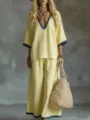 Elegante set estivo due pezzi in lino giallo con scollo a V e pantaloni a gamba larga - Taglia S / Top E Pantaloni / Giallo