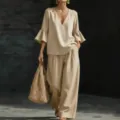 Completo due pezzi in cotone lino beige estivo con top scollo a V e pantaloni larghi - Taglia S / Top E Pantaloni / Cammello