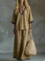 Elegante completo estivo da donna con top a scollo a V e pantaloni a gamba larga kaki - Taglia S / Top E Pantaloni / Cammello