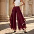 Elegant burgundy high-waisted chiffon wide-leg pants featuring a gold contrast trim and tiered hem - S / Bottoms / Burgundy