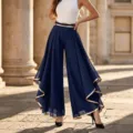 Elegant high-waisted navy chiffon wide-leg trousers with decorative gold piping detail - S / Bottoms / Navy Blue