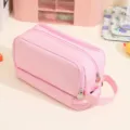 Double-layer pink pencil case with large capacity and side handle for student stationery - Pink