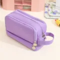High capacity purple double-layer canvas pencil case with side handle for students - Purple