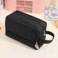 Large capacity double-layer pencil case in black with side handle and dual zippers - Black