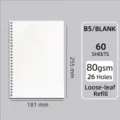 Professionelles B5 blanko Loseblatt-Nachfüllpapier mit 26 Löchern und 80 g/m² Qualität - B5 Blanko-Nachfüllpackung / 26 Löcher / 60 Blatt