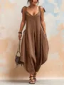 Loose brown V-neck sleeveless jumpsuit for women featuring functional side pockets - S / Dresses / Coffee