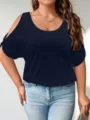 Dettaglio maglietta blu navy con spalle scoperte, vestibilità ampia e scollatura a girocollo - 1XL / Top / rosso mattone