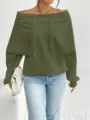 Close-up detail of a stylish olive green off-shoulder sweatshirt with adjustable drawstrings. - New Standard Size / Tops / Green