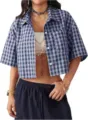 Elegante top corto a scacchi da donna a maniche corte in blu e bianco per l'estate - Taglia S / Top / Blu