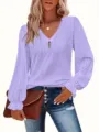 Elegant lavender V-neck hollow-out blouse with pleated sleeves and ruffled cuffs - 0XL / Tops / Light Purple