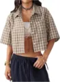 Elegante camicia crop top da donna a maniche corte con motivo a quadri marroni - Taglia S / Top / Cammello