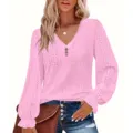 Detailed view of women's pink V-neck hollow-out casual top with ruffled sleeves - 0XL / Tops / Pink