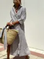 Bohemian geometric print maxi shirt dress with turn-down collar and button-down front. - Gray