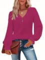 Detailed view of magenta V-neck top with eyelet texture and ruffled cuffs - 0XL / Tops / Rose Red