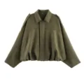 Giacca bomber da donna in finto camoscio verde militare con colletto a rever e zip - Taglia S / Top / Verde