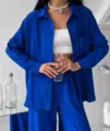 Elegante completo due pezzi donna con cardigan blu reale e pantaloni a gamba larga - Taglia S / Top E Pantaloni / Blu