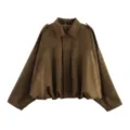 Elegante giacca bomber marrone in pelle scamosciata per donna con colletto e zip - Taglia S / Top / Marrone scuro