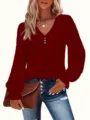 Close-up of burgundy V-neck eyelet embroidered long sleeve top with pleated cuffs - 3XL / Tops / Red