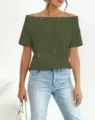 Close-up detail of a stylish olive green off-shoulder sweatshirt with drawstrings - 3XL / Tops / Green Short Sleeve