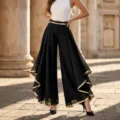 Elegant high-waisted black chiffon wide-leg trousers featuring cascading ruffles and gold trim - S / Bottoms / Black