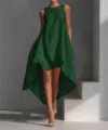 Elegante abito smanicato verde scuro vestibilità comoda con orlo asimmetrico da donna - Taglia S / Vestiti / Verde