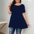 Lässiges dunkelblaues Kurzarm-T-Shirt in Übergröße mit Rundhalsausschnitt für den Sommer - 1XL / Oberteile / Dunkelblau