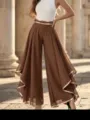 Elegant brown chiffon wide-leg trousers with gold piping and high-waisted design for women - 3XL / Bottoms / Coffee