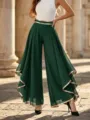 Elegant high-waist dark green chiffon wide-leg pants featuring stylish gold trim - Green