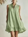 Sleeveless light green cotton linen summer dress with ruffled hem and button-down front - S / Dresses / Light Green