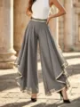 Elegant high-waisted grey chiffon wide-leg pants with stylish gold trim piping - Gray