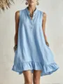 Casual light blue cotton linen sleeveless ruffle dress with button detail - Sky Blue