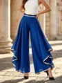 Elegant high-waist royal blue chiffon wide-leg pants with stylish gold piping trim - Blue