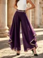 High-waist purple chiffon wide-leg pants with golden piping trim for a summer look - Deep purple