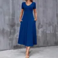 Casual blue V-neck short-sleeve midi dress with pockets for a stylish summer look. - Blue