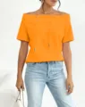 Detailed view of women's vibrant orange off-the-shoulder casual top with drawstring - 3XL / Tops / Orange-Red Short Sleeve
