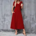 Abito midi casual da donna con scollo a V, maniche corte e tasche rosse - 1XL / Vestiti / Borgogna